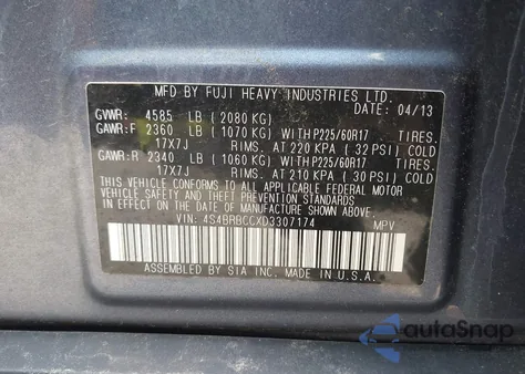 2013 Subaru Outback 2.5I Premium from USA, damaged, VIN 4S4BRBCCXD3307174